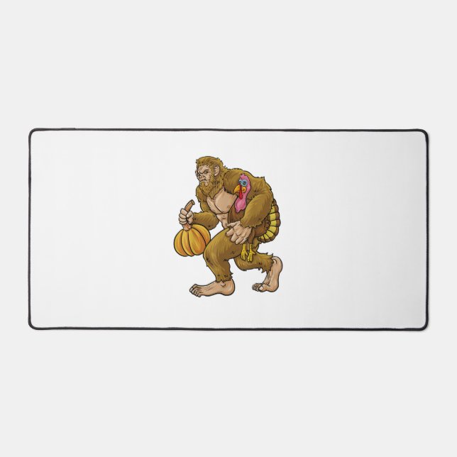 Bigfoot Thanksgiving Steals Turkey & Pumpkin Hide_ Desk Mat (Front)