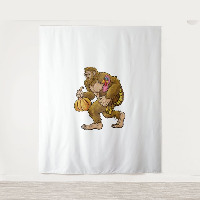 Bigfoot Thanksgiving Steals Turkey & Pumpkin Hide_ Tapestry (Front)