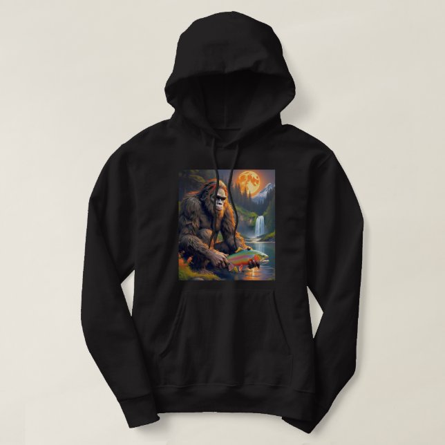 Bigfoot Trout Fishing by Moonlight Hoodie (Design Front)