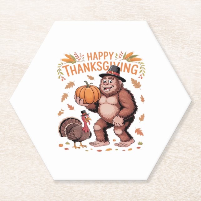 Bigfoot Turkey Pumpkin Thanksgiving Day Classic T- Paper Coaster (Front)
