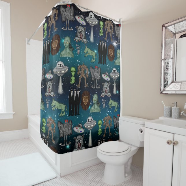 Bigfoot, UFOs, Aliens and other Cryptids Shower Curtain (In Situ)