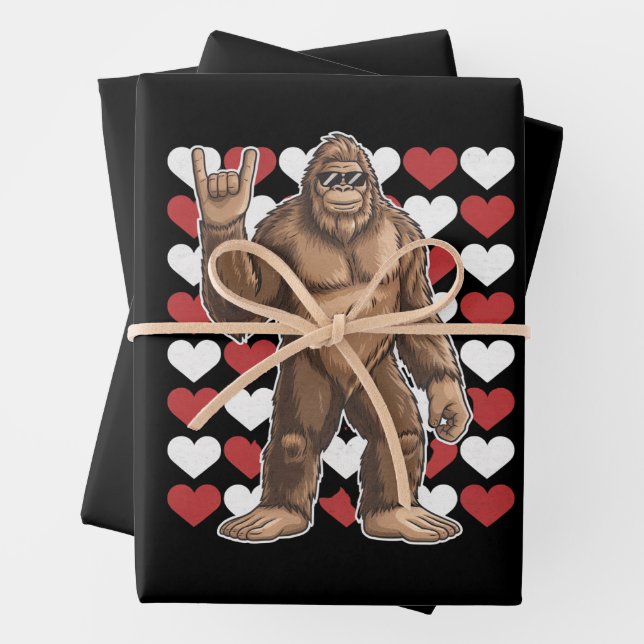 Bigfoot Valentines Day Funny Hearts Sasquatch Love Wrapping Paper Sheet (In situ)