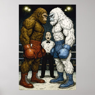 Bigfoot Vs Yeti, boxing match, A.I comic art Poster