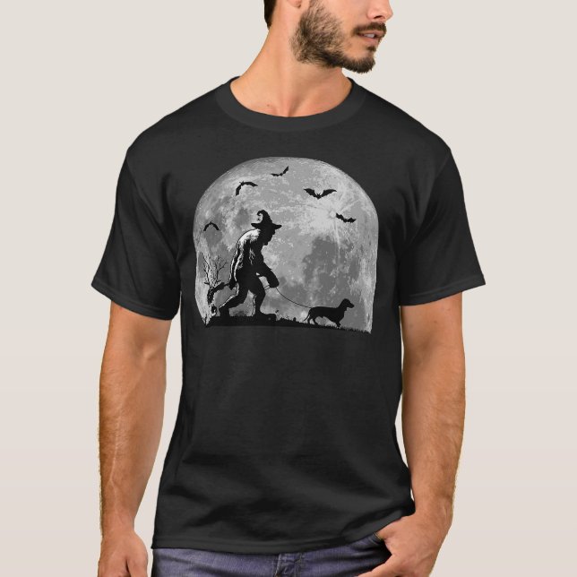 Bigfoot Walking Dachshund Dog Sasquatch Halloween T-Shirt (Front)
