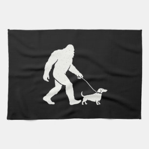 Bigfoot Walking Dachshund Funny Wiener Dog Dad Tea Towel