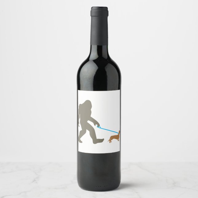Bigfoot Walking Dachshund Sasquatch Doxie Dog Gift Wine Label (Front)