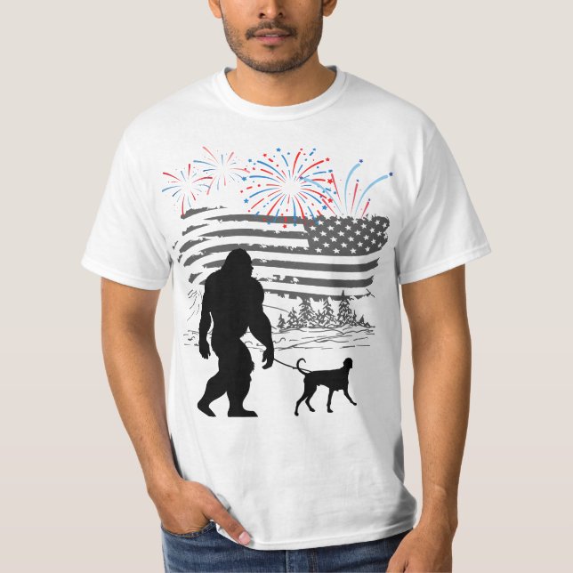 Bigfoot walking dog 4th July.w T-Shirt (Front)