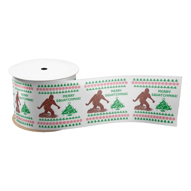 Bigfoot Walking Merry Sasquatchmas Festive Funny Satin Ribbon (Spool)