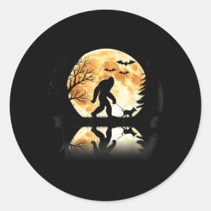 Bigfoot Walking With Dog Funny Halloween Moon Classic Round Sticker
