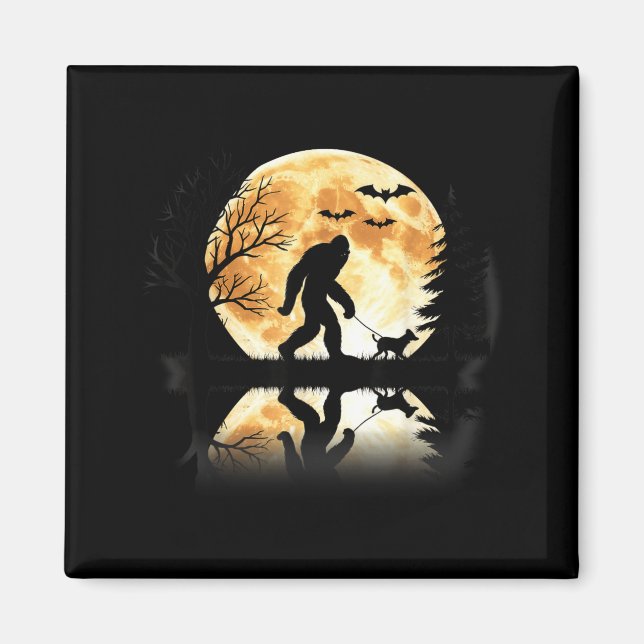 Bigfoot Walking With Dog Funny Halloween Moon Magnet (Front)