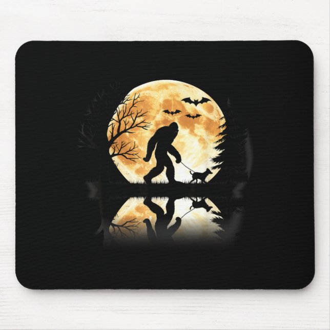 Bigfoot Walking With Dog Funny Halloween Moon Mouse Pad (Front)