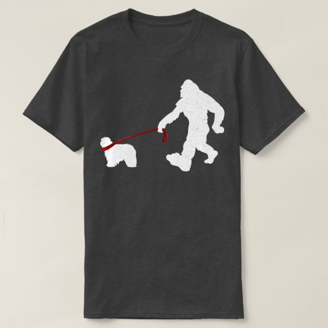 Bigfoot Walking With Komondor Dog Funny Bigfoot am T-Shirt (Design Front)