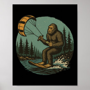 Bigfoot Water Paragliding Vintage Funny Sasquatch Poster