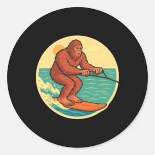 Bigfoot Water Skiing Vintage Cryptid Beach Graphic Classic Round Sticker