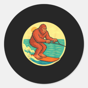 Bigfoot water skiing vintage cryptid beach graphic classic round sticker