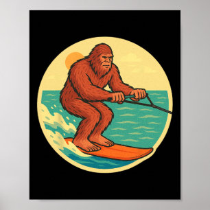 Bigfoot Water Skiing Vintage Cryptid Beach Graphic Poster