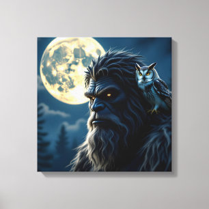 Bigfoot with Glowing Eyes and Owl on his Shoulder Canvas Print