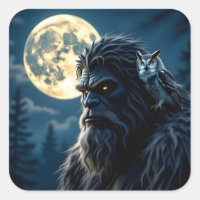 Bigfoot with Glowing Eyes and Owl on his Shoulder