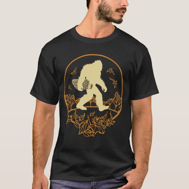 Bigfoot With Morel Mushroom Woodland Forest T-Shirt (Front)
