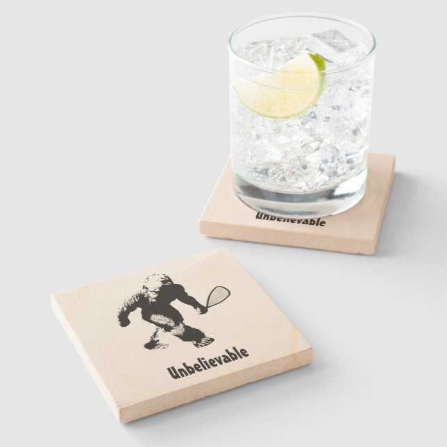 Bigfoot With Racquetball Racket and Text Stone Coaster (Side)