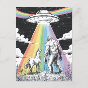 Bigfoot with Unicorn and a UFO Postcard