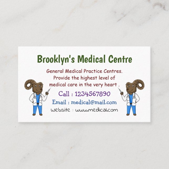 Bighorn sheep doctor cartoon illustration business card (Front)
