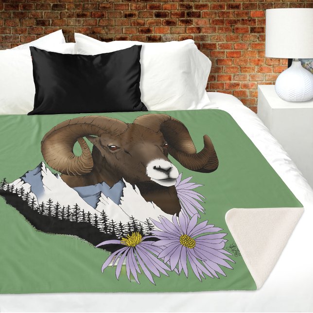 Bighorn Sheep Ram Green Mountains Sherpa Blanket (Creator Uploaded)