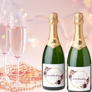 Biirthday white gold geometric floral burgundy sparkling wine label