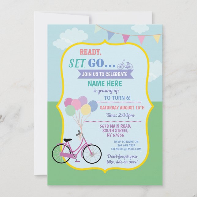 Bike Birthday Bicycle Ride Balloons Party Pink Invitation (Front)