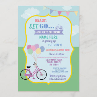 Bike Birthday Bicycle Ride Balloons Party Pink Invitation
