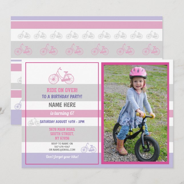 Bike Birthday Bicycle Ride Party Pink Girls Photo Invitation (Front/Back)