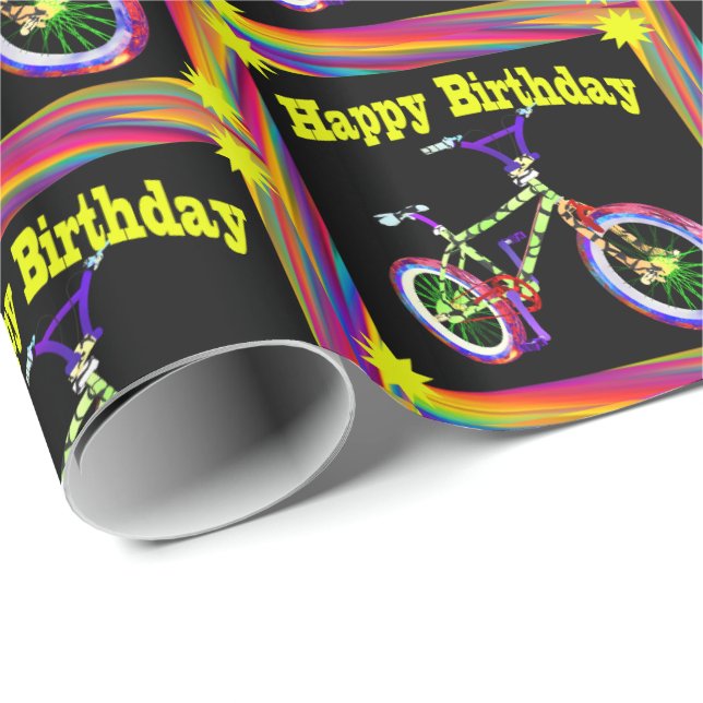 Bike Neon Colours Happy Birthday Wrapping Paper (Roll Corner)
