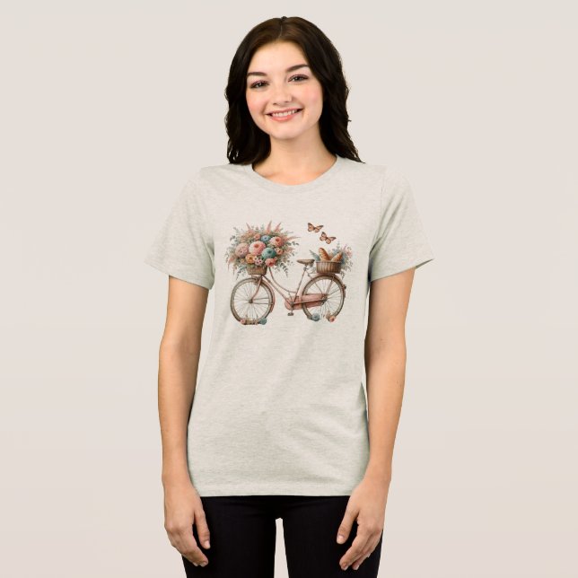 bike print with flowers in the basket Tri-Blend shirt (Front Full)