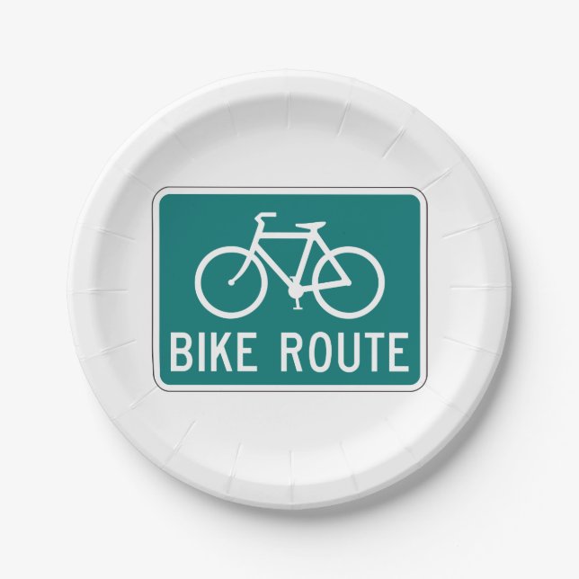 Bike Route Sign Cycling Path Bicycle Trail  Paper Plate (Front)