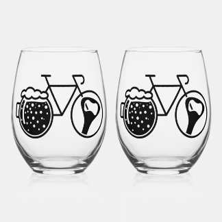 Bike with beer glass. Bottle opener icon Stemless Wine Glass