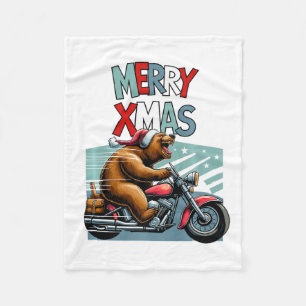 Biker Bear With Christmas Hat Wishes Merry Xmas Fu Fleece Blanket