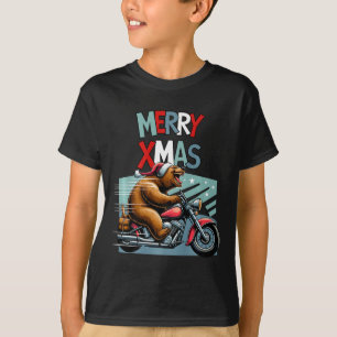 Biker Bear With Christmas Hat Wishes Merry Xmas Fu T-Shirt