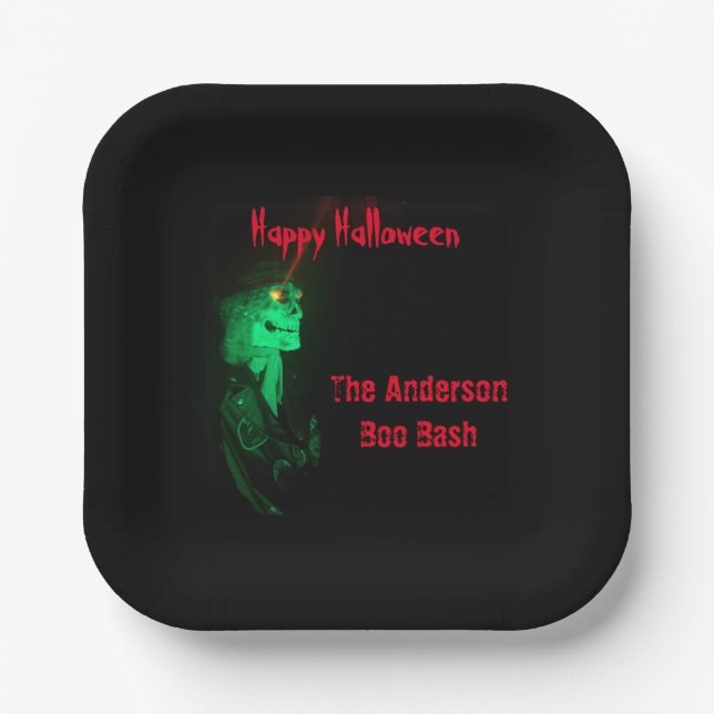 Biker Billy Halloween Skeleton Black & Red  Paper Plate (Front)