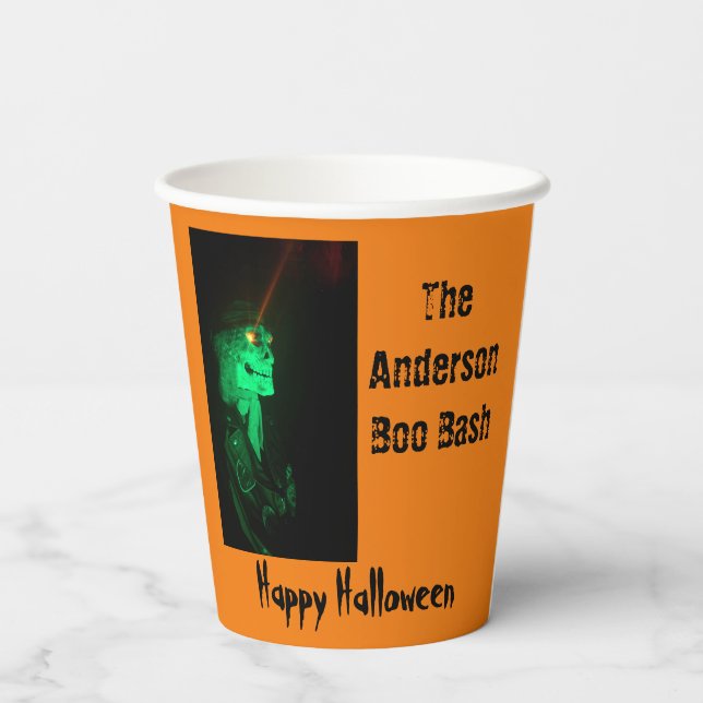 Biker Billy Halloween Skeleton Pumpkin Orange Paper Cups (Back)
