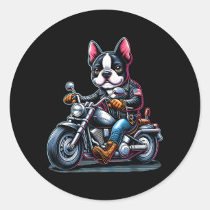 Biker Boston Terrier Dog Riding Motorbike Classic Round Sticker