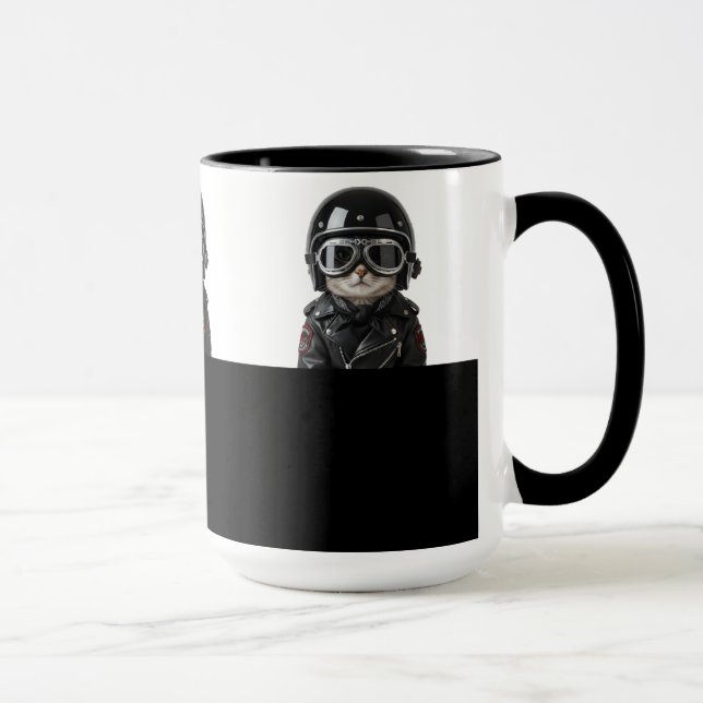 Biker Cat, Katze mit Motorradkleidung und Helm Mug (Right)