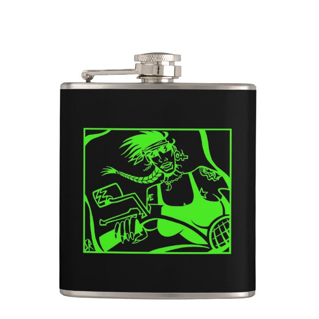 Biker Chick green black wrapped flask (Front)