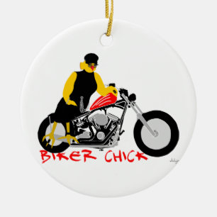 BIKER CHICK Sitting on Her Motorcycle Ceramic Tree Decoration