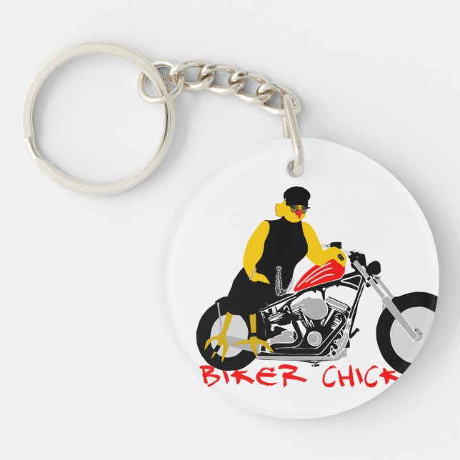 BIKER CHICK Sitting on Her Motorcycle Key Ring (Front)
