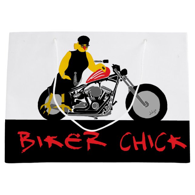 BIKER CHICK Sitting on Her Motorcycle Large Gift Bag (Front)