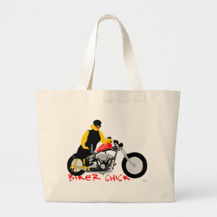 BIKER CHICK Sitting on Her Motorcycle Large Tote Bag