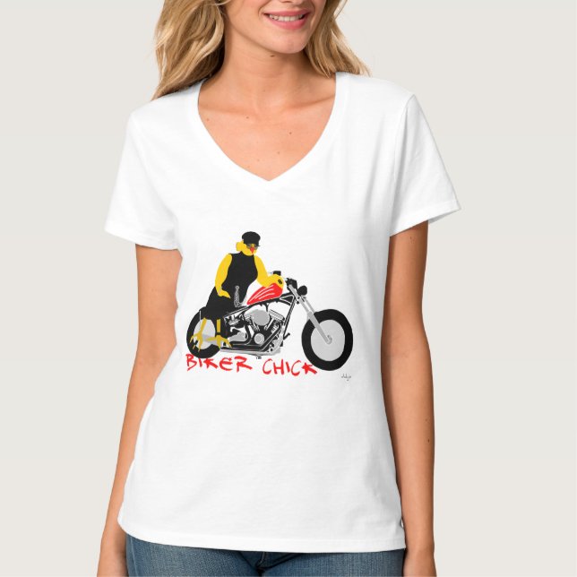 BIKER CHICK Sitting on Her Motorcycle T-Shirt (Front)