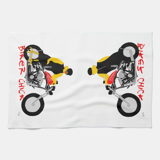 BIKER CHICK Sitting on Her Motorcycle Tea Towel (Horizontal)
