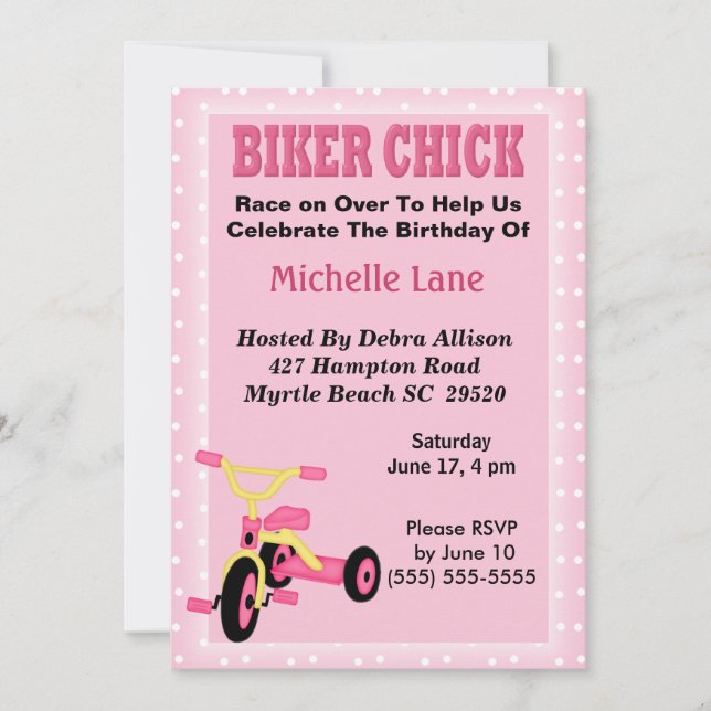 Biker Chick Tricycle Birthday Invitation (Front)
