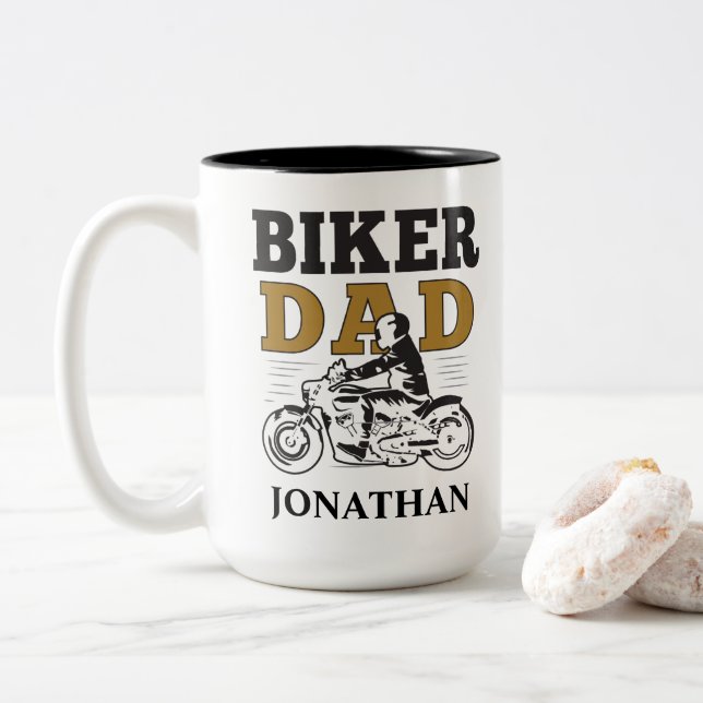Biker Dad Motorcycle Personalised Two-Tone Coffee Mug (With Donut)
